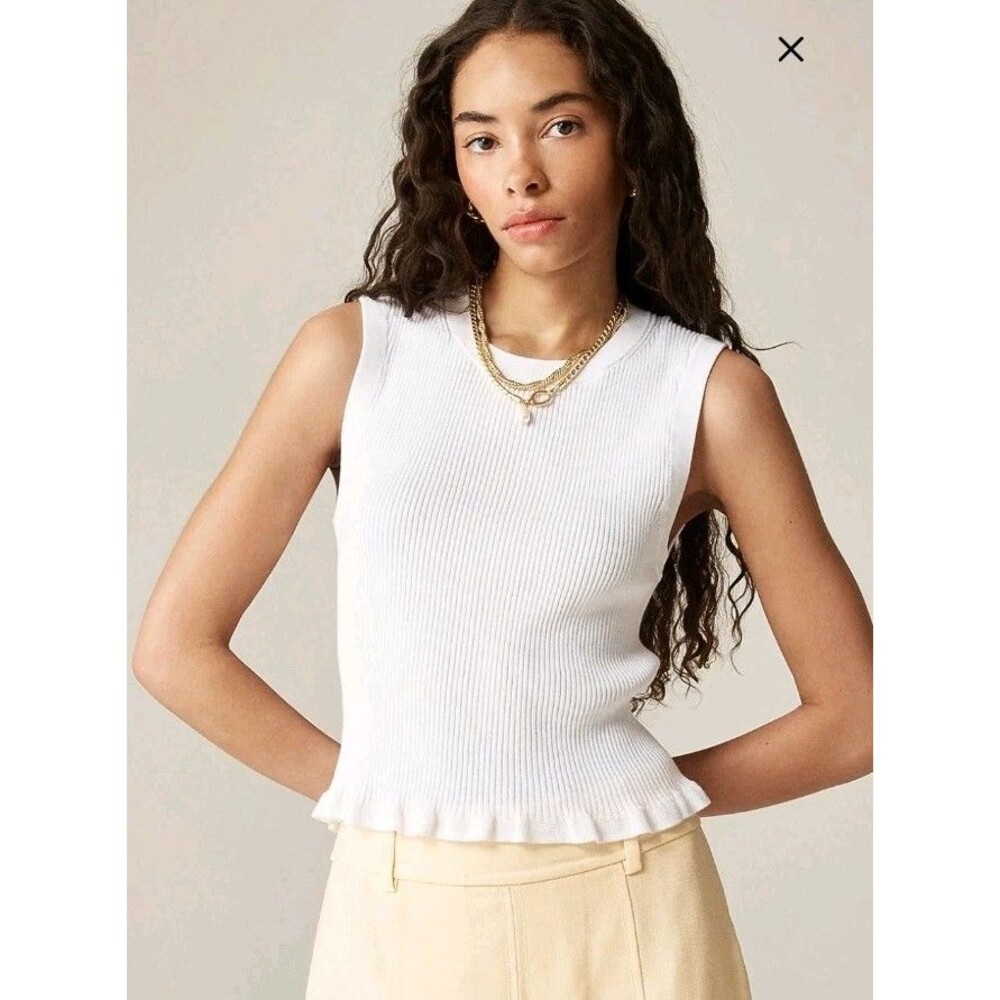 J.CREW Ruffle-Trim Shell Tank Top Premium Ultra-Fine Cotton White Size M NWT